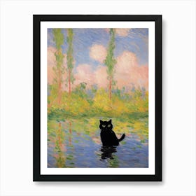 Black Cat And A Monet Inspired Landscape 1 Art Print