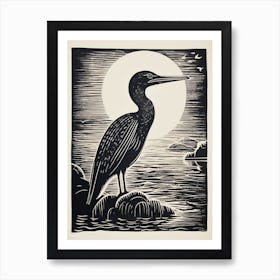 B&W Bird Linocut Cormorant 3 Art Print
