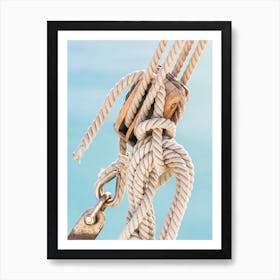 Sailing boat pulley, block and tackle with moored nautical rope Art Print