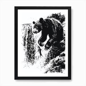 Malayan Sun Bear Catching Fish In A Waterfall Ink Illustration 2 Art Print