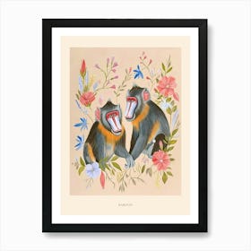 Folksy Floral Animal Drawing Baboon 3 Poster Art Print