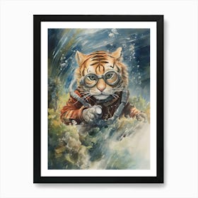 Tiger Illustration Scuba Diving Watercolour 4 Poster