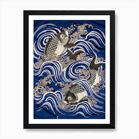 Carp In Waves Japanese Koi Art Print