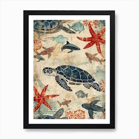 Sea Turtle Screen Print Style Ocean Collage Art Print