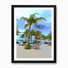 Beach Scene With Palm Tree Swimming Pool Boat Art Print