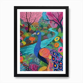 Colourful Pattern Peacock By The River 3 Art Print