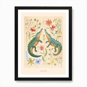 Folksy Floral Animal Drawing Crocodile Poster Art Print