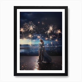 Woman on the beach surrounded by cosmic stardust 1 Art Print