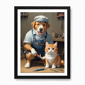 Cat And A Dog Mechanic Pet lovers Art Print