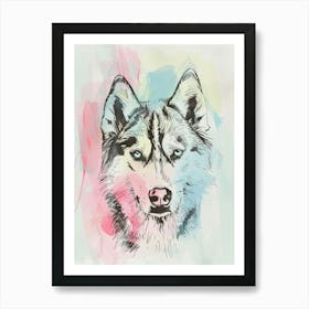 Husky Dog Pastel Line Watercolour Illustration  1 Art Print