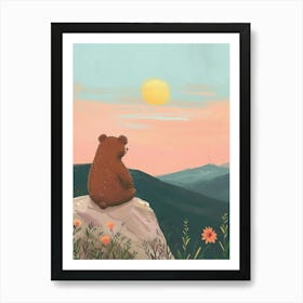 Brown Bear Looking At A Sunset From A Mountaintop Storybook Illustration 3 Art Print