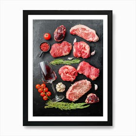 Wine, meat, tomato — Food kitchen poster/blackboard, photo art Art Print