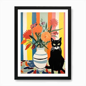 Irises Flower Vase And A Cat, A Painting In The Style Of Matisse 1 Art Print