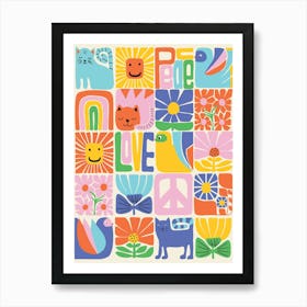 Happy Colorful Birds Cats Flowers Kids Art Print