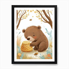 Brown Bear Cub Playing With A Beehive Storybook Illustration 2 Art Print