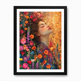 Dreaming of Flowers. Woman Portrait. Gustav Klimt Style Art Print