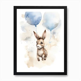 Baby Donkey Flying With Ballons, Watercolour Nursery Art 1 Art Print