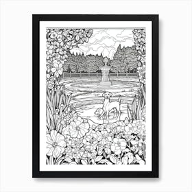 Drawing Of A Dog In Palace Of Versailles Gardens, France In The Style Of Black And White Colouring Pages Line Art 02 Art Print