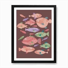 School of Spiral Fish [red on dark red] Art Print