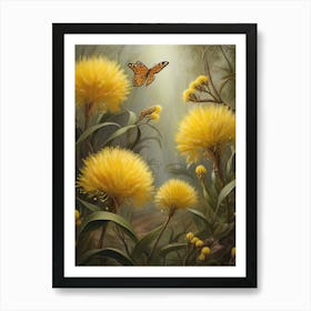 Butterfly Over Yellow Flowers Australia  Art Print