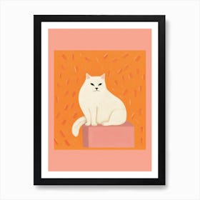 White Cat Orange Background Illustration 6 Art Print