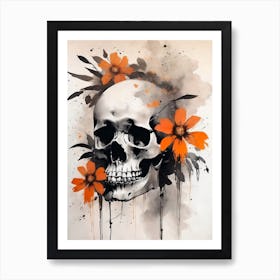 Abstract Skull Orange Flowers Painting (3) Art Print