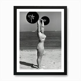 Woman Lifting Weights At Beach Art Print