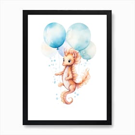 Baby Seahorse Flying With Ballons, Watercolour Nursery Art 2 Art Print