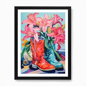 Oil Painting Of Pink And Red Flowers And Cowboy Boots, Oil Style 3 Art Print