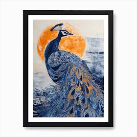 Blue & Orange Peacock Portrait Art Print