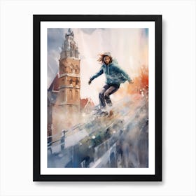 Girl Skateboarding In Warsaw, Poland Watercolour 2 Art Print