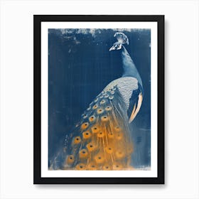 Navy Blue & Orange Cyanotype Peacock Portrait Art Print