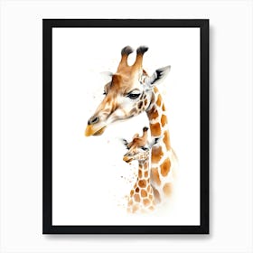 Giraffe And Baby Watercolour Illustration 2 Art Print