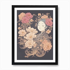 Geisha, Asian woman between flowers Art Print