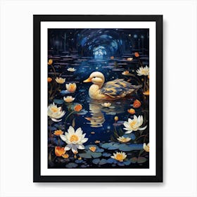 Floral Ornamental Ducklings At Night 4 Art Print