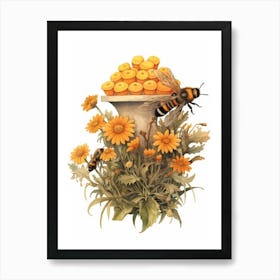 Orange Footed Flower Bee Beehive Watercolour Illustration 2 Art Print