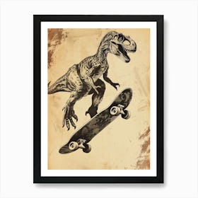 Vintage Troodon Dinosaur On A Skateboard 2 Art Print