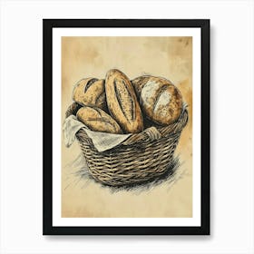 Rustic Bread In A Basket Watercolour Illustration 1 Art Print