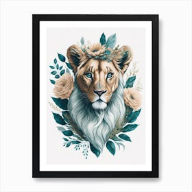 Cute Floral Baby Lion Painting (5) Art Print