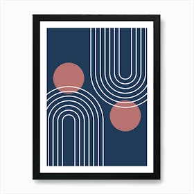 Mid Century Modern Geometric In Navy Blue And Marsala (Rainbow And Sun Abstract) 01 Art Print