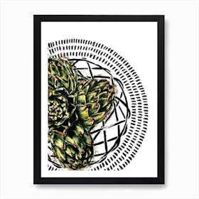Watercolor and Ink Kitchen Fruit Illustration of Green Artichoke on a Plate Art Print