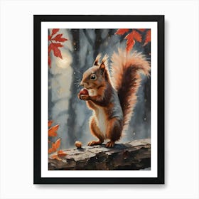 Cottagecore Red Squirrel in Autumn - Acrylic Paint Fall Rare Red Squirrel Eating a Nut with Falling Leaves at Night, Full Moon Perfect for Witchcore Cottage Core Pagan Tarot Celestial Zodiac Gallery Feature Wall Beautiful Woodland Creatures Series HD Art Print