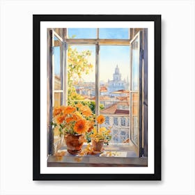 Window View Of Lisbon Portugal In Autumn Fall, Watercolour 2 Art Print