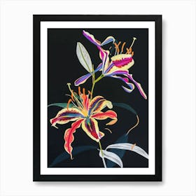 Neon Flowers On Black Gloriosa Lily 3 Art Print