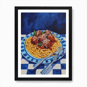 Spaghetti With Meatballs Checkered Blue 4 Art Print