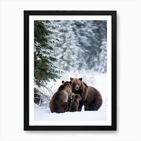 Three Brown Bears Huddle Together Under A Dense White Blanket Of Snow Gentle Snowflakes Falling Aro Art Print