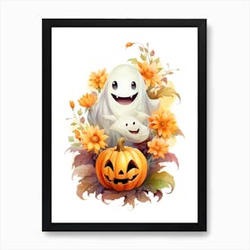 Cute Ghost With Pumpkins Halloween Watercolour 69 Art Print