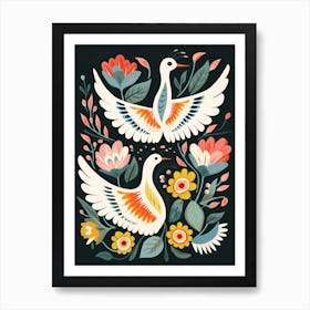 Folk Style Bird Painting Swan 2 Art Print