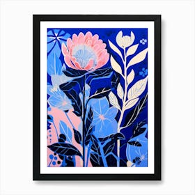 Blue Flower Illustration Protea 2 Art Print