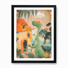 Dinosaur Outside A Home Storybook Painting 2 Art Print